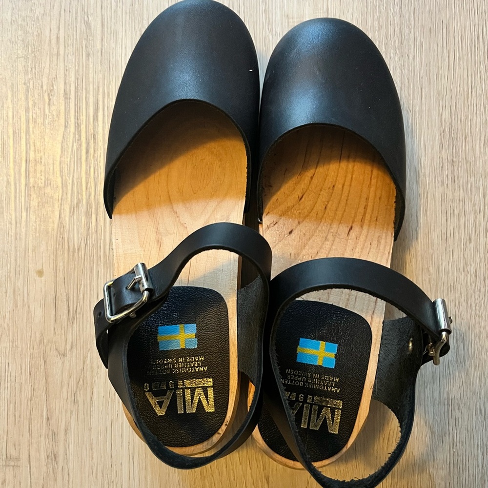 MIA Black Leather Clogs